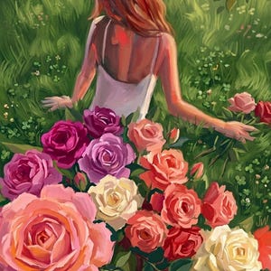 Girl in a Rose dress walking through Grass