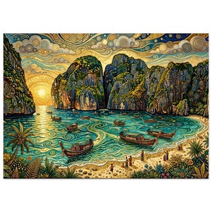 May include: A vibrant landscape painting of a tropical bay at sunset, featuring towering limestone cliffs, turquoise water with swirling patterns, and several traditional long-tail boats. The sky is filled with golden, stylized clouds.