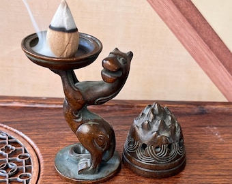 Handmade Bronze Boshan Incense Burner, Chinese Mythical Beast Base, Zen Desk Decor