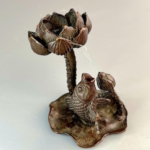 Vintage bronze fish and lotus incense burner, backflow censer, father's day graduation gift
