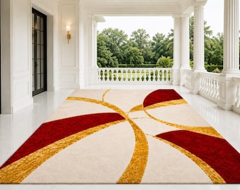 Luxury Hand Tufted Wool & Silk Rug, Modern Abstract Area Rug, Cream Red Gold Carpet, Contemporary Living Room Rug, Custom Handmade Rug