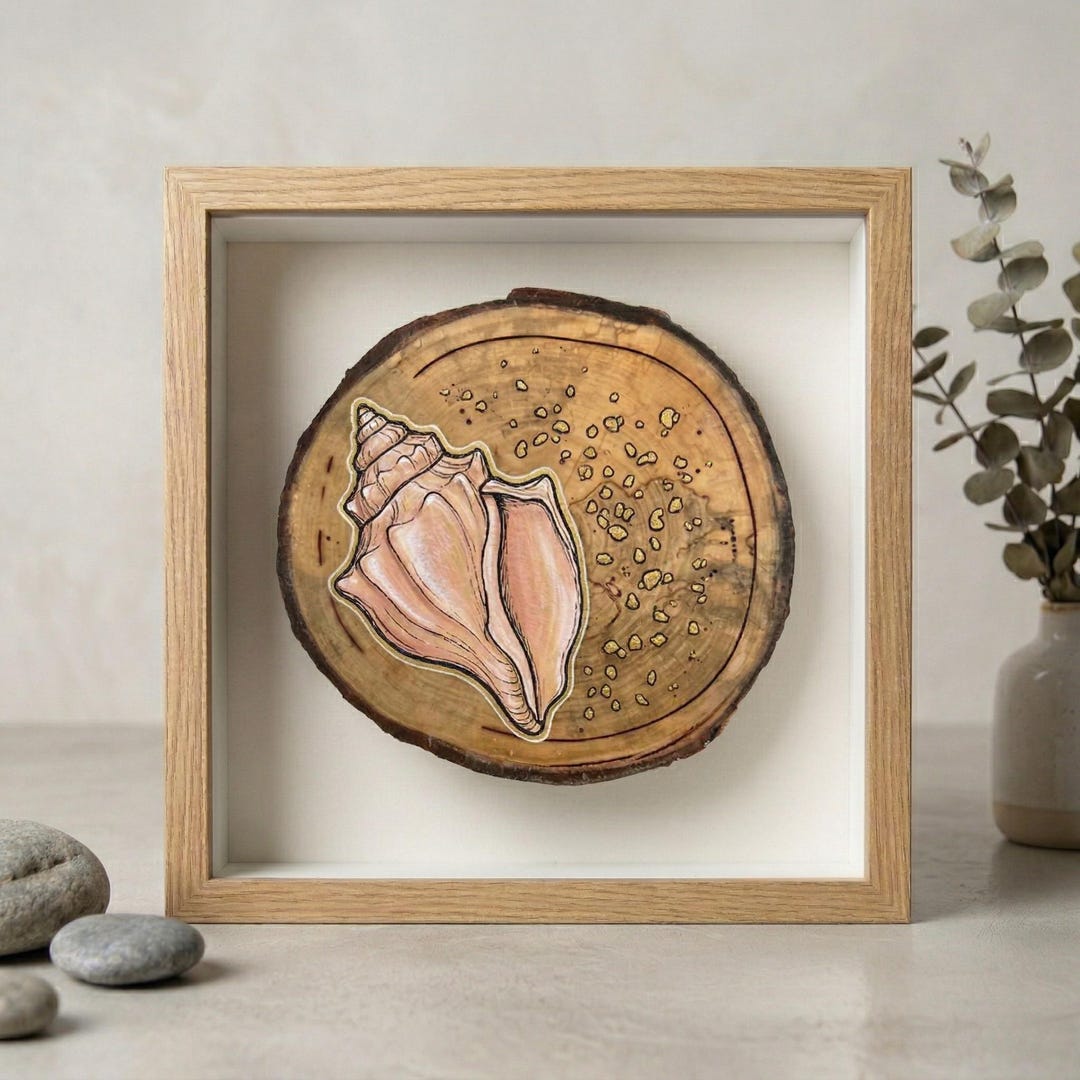 Sea Shell Pyrography Pink Gold Conch Shell Pyrography Art, Handmade Wood Slice Shadow Box ...