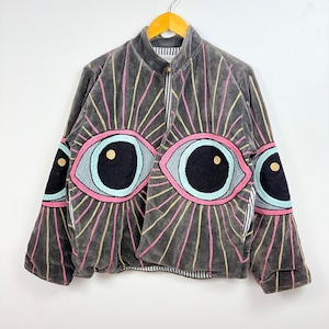 Handmade Velvet Evil Eye Jacket | Oversized Embroidered Boho Statement Coat