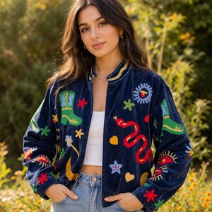 Hand Embroidered Velvet Jacket | Boho Art Jacket | Colorful Statement Coat | Handmade Unique Outerwear