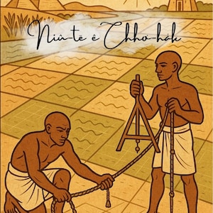 May include: A sepia-toned illustration depicts two figures in white loincloths measuring a grid of land with a rope and a wooden A-frame tool. The background shows pyramids, a river, and a sun. Text reads "Nîn-tê ê Chho-hak" and "lû-ku-liát • Tù Lûi Bêng-hàn • Ék".