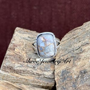 Handmade Pink Opal Copper Turquoise Sterling Silver Ring, Rectangle Boho Statement Jewelry