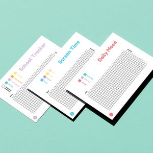 May include: Three white paper trackers titled "School Tracker", "Screen Time", and "Daily Mood" with colourful accents. Each tracker features a grid for daily entries and a colour-coded key. The trackers are arranged on a light teal background.