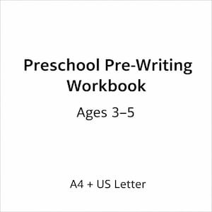 Può includere: Sfondo bianco con testo nero che recita "Preschool Pre-Writing Workbook Ages 3-5". Il testo "A4 + US Letter" si trova nella parte inferiore dell'immagine. Questo quaderno è progettato per bambini in età prescolare.