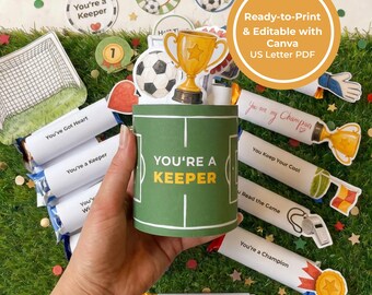 Soccer Party Favor Bundle | Candy Bar Wrappers, Treat Tin Labels, Gift Tags, Printable PDF + Editable Canva Template I US Letter PDF