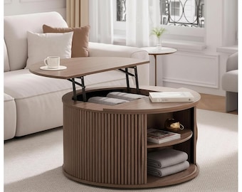 Round Lift Top Coffee Table 31 Inch, Walnut Coffee Table with Storage, Mid Century Modern Coffee Table, Fluted Drum Table