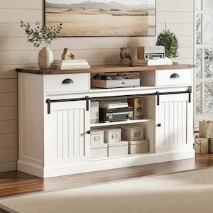 Farmhouse TV Stand for 65 Inch TV Sliding Barn Door TV Stand Tall Wood Entertainment Center Drawers Rustic Media Console