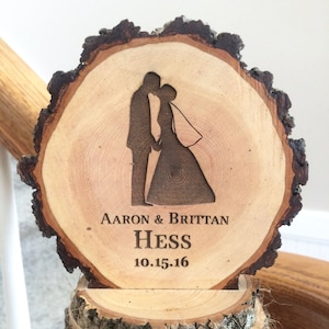 Bride and Groom Cake Topper, Rustic Wood Wedding Top, Engraved Wooden Gift image 1