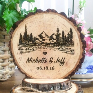Rustic Mountain Wedding Cake Topper, Tree Cake Topper, Wood Cake Topper, Engraved Topper, Custom Cake Topper, Personalized Topper, Handmade