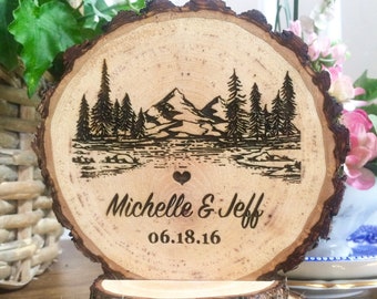 Rustic Mountain Wedding Cake Topper Tree Cake Topper Wood Cake Topper Engraved Topper Custom Cake Topper Personalized Topper Handmade