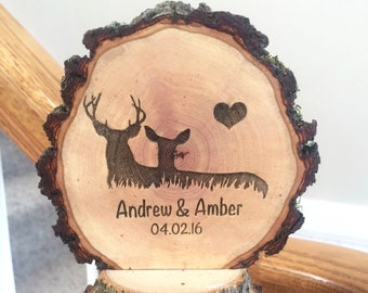 Deer Hunting Cake Topper for Wedding , Wood Slice Engraved Gift, Rustic Theme Decoration, Anniversary Cake Top