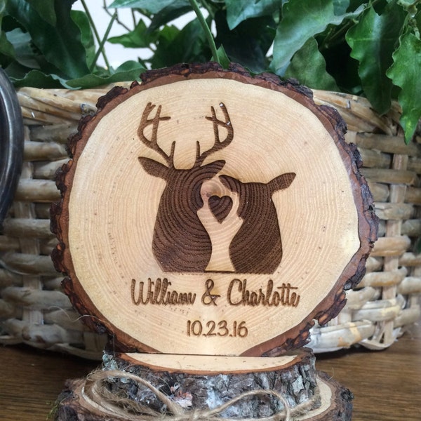 Rustic Wood Slice Wedding Cake Topper Deer Hunting Engraved