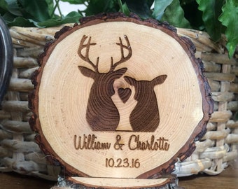 Rustic Wood Slice Wedding Cake Topper Deer Hunting Engraved