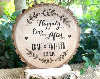 Happily Ever After Cake Topper, Rustic Wood Engraved Wedding Cake Top