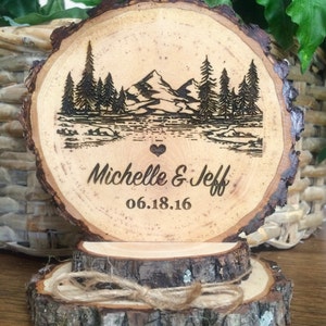 Rustic Mountain Wedding Cake Topper Tree Cake Topper Wood Cake Topper Engraved Topper Custom Cake Topper Personalized Topper Handmade image 4