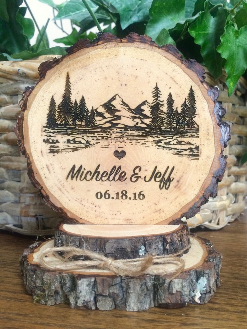 Rustic Mountain Wedding Cake Topper Tree Cake Topper Wood Cake Topper Engraved Topper Custom Cake Topper Personalized Topper Handmade image 4