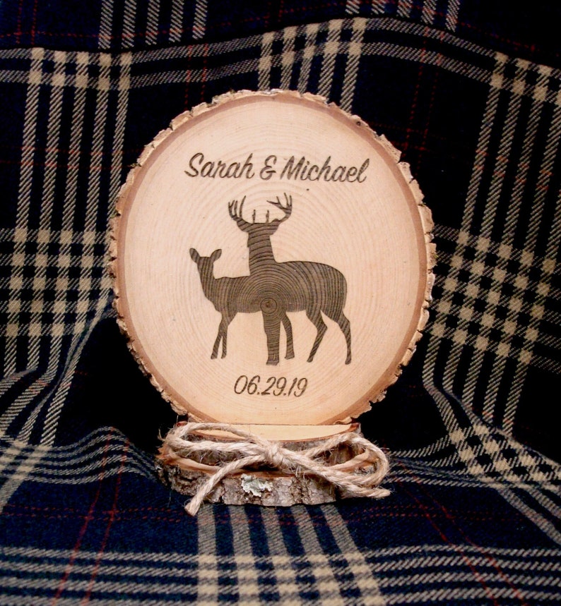 Wedding Cake Topper Rustic Wood Deer Theme Personalized and Engraved Cake Top image 7