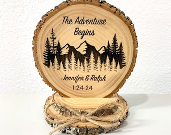 Wedding Cake Topper, The Adventure Begins, Mountain Cake Top, Rustic Wedding, Shower Gift, Nature Cake Topper