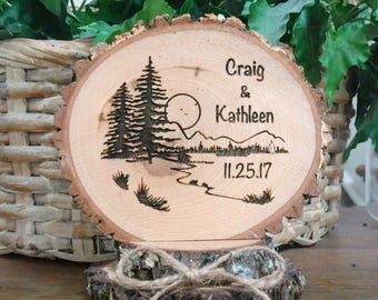 Wood Cake Top, Rustic Wedding Topper, Personalized Wedding Cake Topper, Wood Slice Topper, Nature Cake Top, Wedding Gift, Lake Wedding