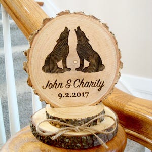 Wolf Cake Topper, Rustic Wedding Cake Topper, Wolves Cake Topper, Wood Cake Top, Engraved Cake Topper, Wood Slice Cake Topper, Barn Wedding image 1