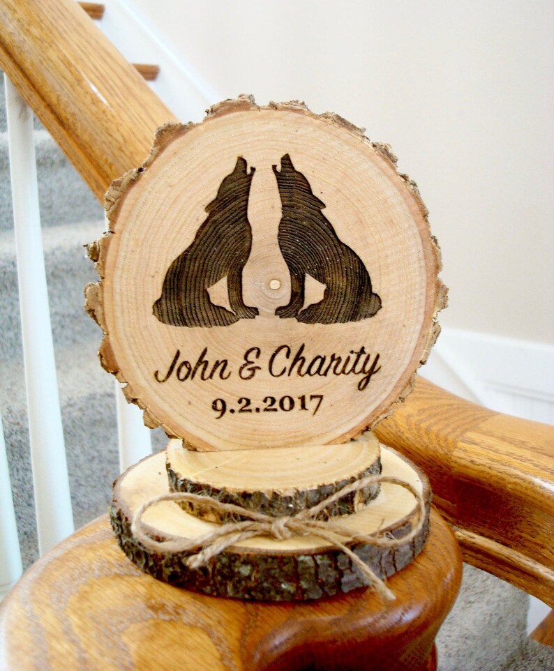 Wolf Cake Topper, Rustic Wedding Cake Topper, Wolves Cake Topper, Wood Cake Top, Engraved Cake Topper, Wood Slice Cake Topper, Barn Wedding image 1