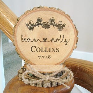 Sunflower Wedding Cake Topper: Engraved Rustic Wood, Personalized