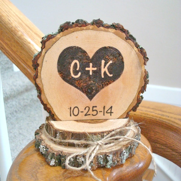 Rustic Wedding Cake Topper Wood Burned Heart Personalized Romantic Country