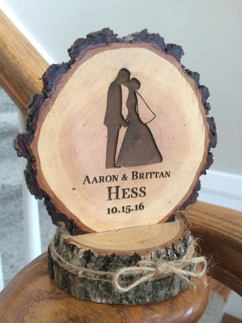 Bride and Groom Cake Topper, Rustic Wood Wedding Top, Engraved Wooden Gift image 3