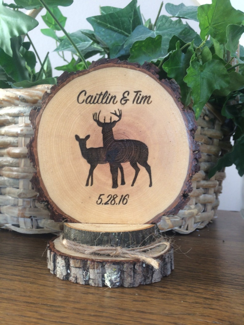 Wedding Cake Topper Rustic Wood Deer Theme Personalized and Engraved Cake Top image 4