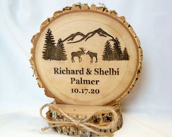 Moose Wedding Cake Topper, Rustic Wood Engraved Cake Top, Lodge Mountain Trees