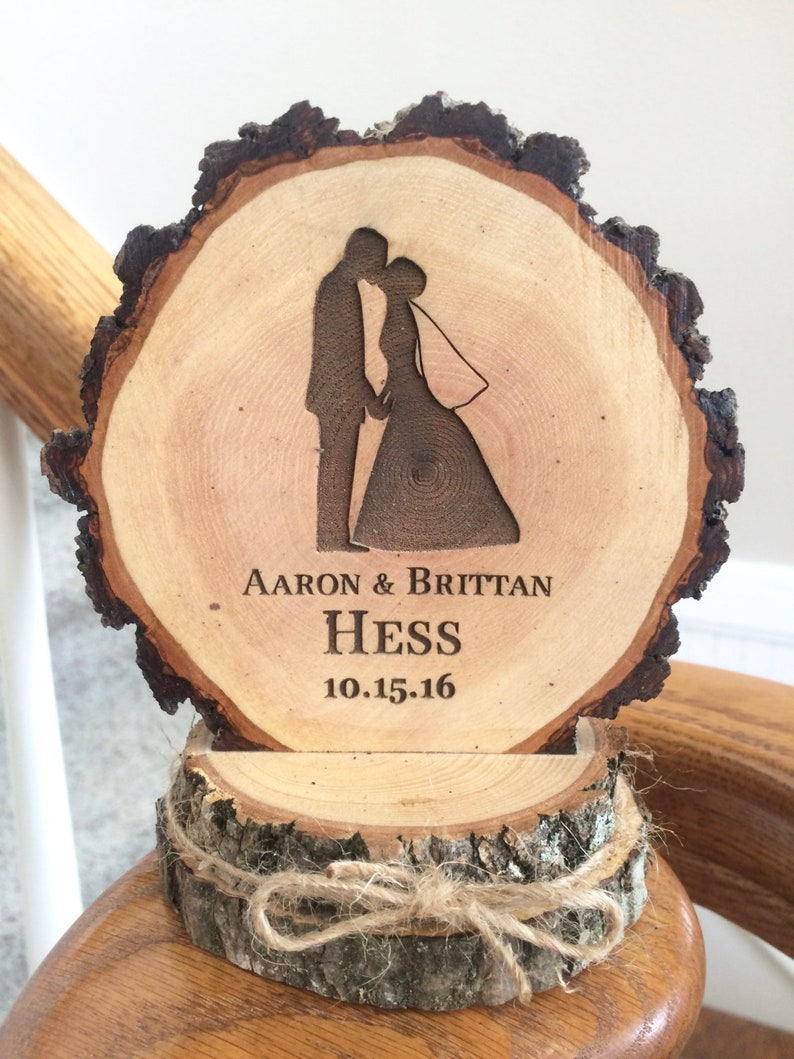 Bride and Groom Cake Topper, Rustic Wood Wedding Top, Engraved Wooden Gift image 1