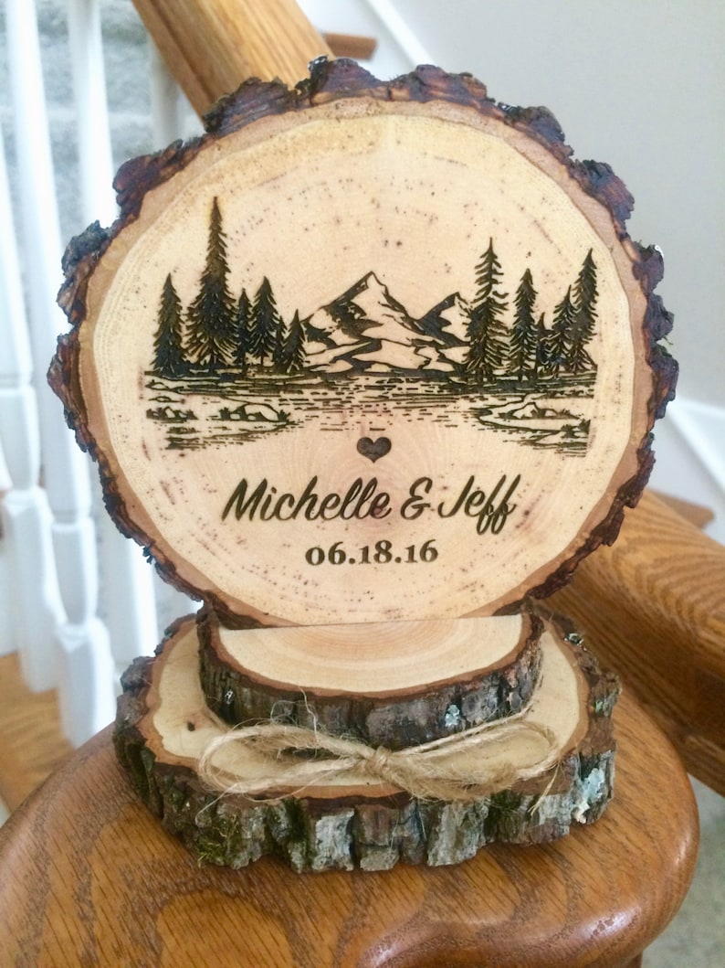 Rustic Mountain Wedding Cake Topper Tree Cake Topper Wood Cake Topper Engraved Topper Custom Cake Topper Personalized Topper Handmade image 2