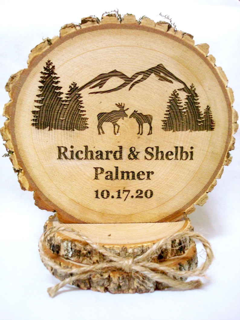Lodge Mountain Trees Rustic Wood Engraved Cake Top Moose Wedding Cake Topper