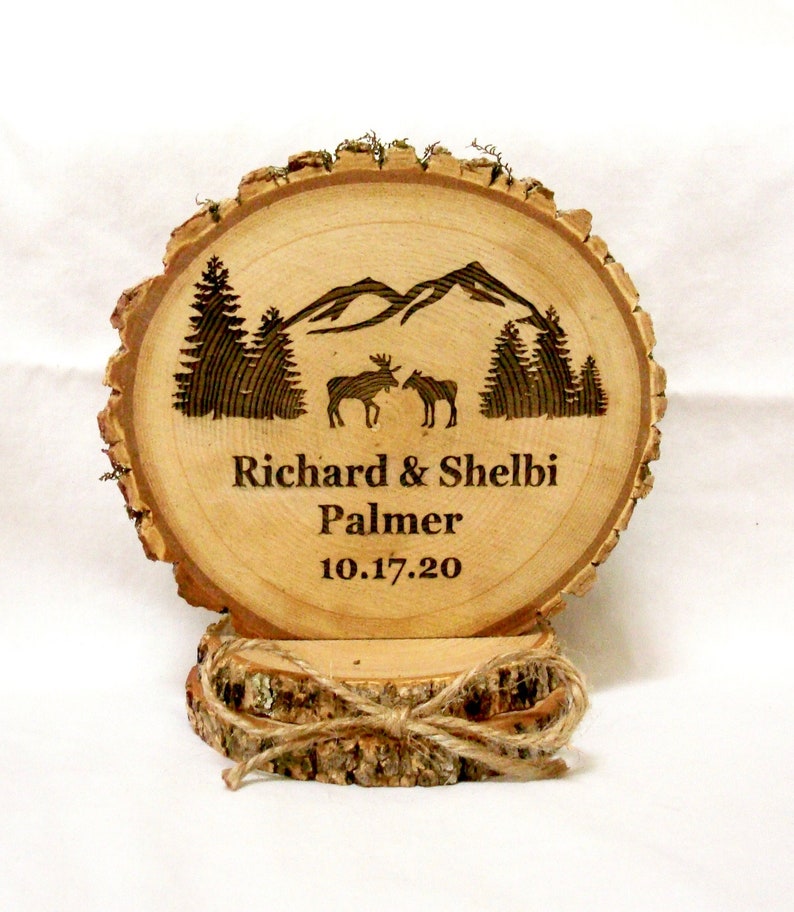 Lodge Mountain Trees Rustic Wood Engraved Cake Top Moose Wedding Cake Topper
