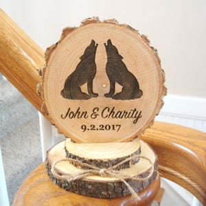 Wolf Cake Topper, Rustic Wedding Cake Topper, Wolves Cake Topper, Wood Cake Top, Engraved Cake Topper, Wood Slice Cake Topper, Barn Wedding image 2