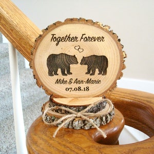 Bear Wedding Cake Topper Engraved Rustic Wood Slice Marriage image 2