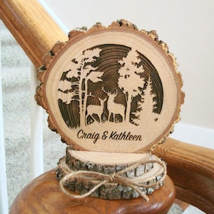 Rustic Wood Engraved Wedding Cake Topper Deer Hunting Keepsake for Wedding Gift for Marriage Cake Top Barn Event Bridal Shower Centerpiece