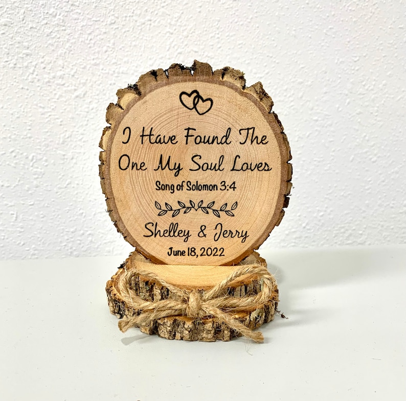 Rustic Wedding Cake Topper, Romantic Topper, Anniversary Cake Top, Engraved Wood Slice Cake Topper, Wedding Keepsake Gift immagine 1