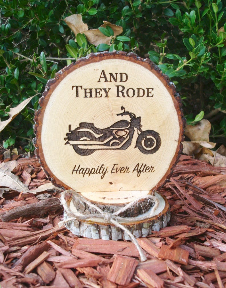 Motorcycle Cake Topper, Rustic Wedding Cake Topper, Wood Slice Cake Topper, Motorcycle Wedding, Engraved Topper, Motorcycle Cake Top image 2