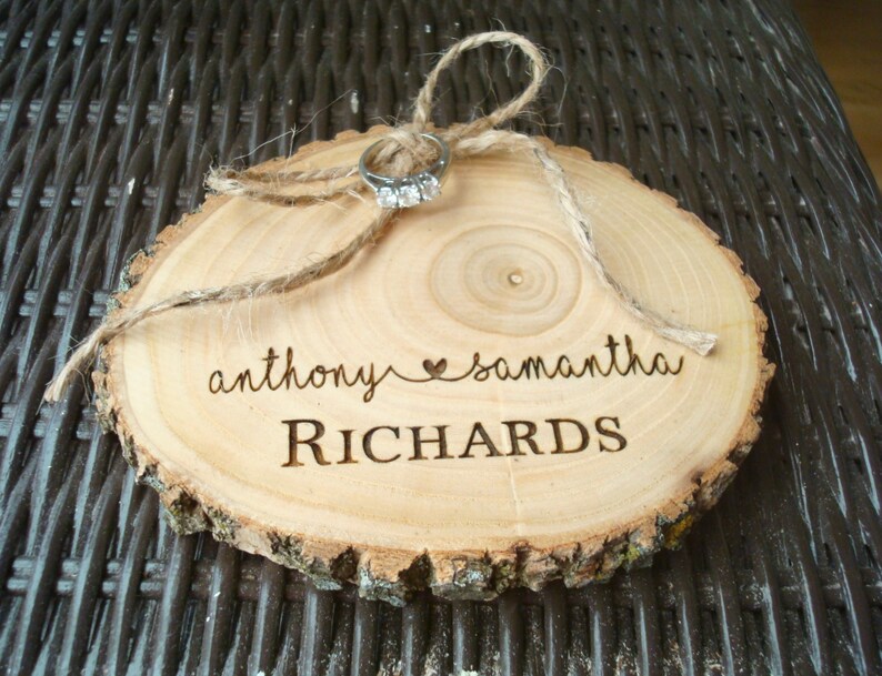 Wedding Ring Holder, Wood Slice, Wood Ring Holder, Wedding Ring Alternative Pillow, Engraved Wood Slice, Rustic Wedding, Rustic Ring Holder image 2