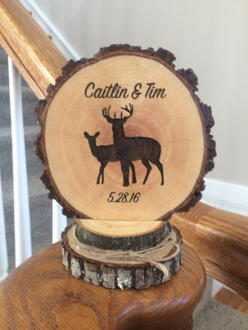 Wedding Cake Topper Rustic Wood Deer Theme Personalized and Engraved Cake Top image 2