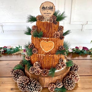 Rustic Mountain Wedding Cake Topper Tree Cake Topper Wood Cake Topper Engraved Topper Custom Cake Topper Personalized Topper Handmade