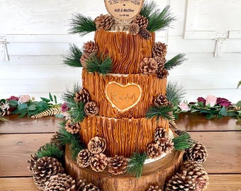 Rustic Mountain Wedding Cake Topper: Engraved Wood Slice, Personalized