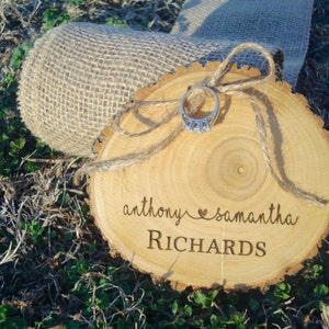 Wedding Ring Holder, Wood Slice, Wood Ring Holder, Wedding Ring Alternative Pillow, Engraved Wood Slice, Rustic Wedding, Rustic Ring Holder image 5