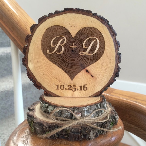 Romantic Heart Engraved Wedding Cake Topper Personalized, Barn Wedding, Rustic Wood Wedding Cake Topper Custom