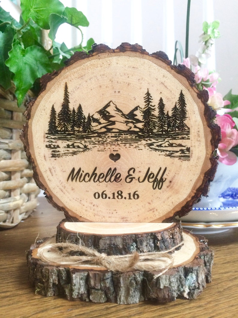 Rustic Mountain Wedding Cake Topper Tree Cake Topper Wood Cake Topper Engraved Topper Custom Cake Topper Personalized Topper Handmade image 1